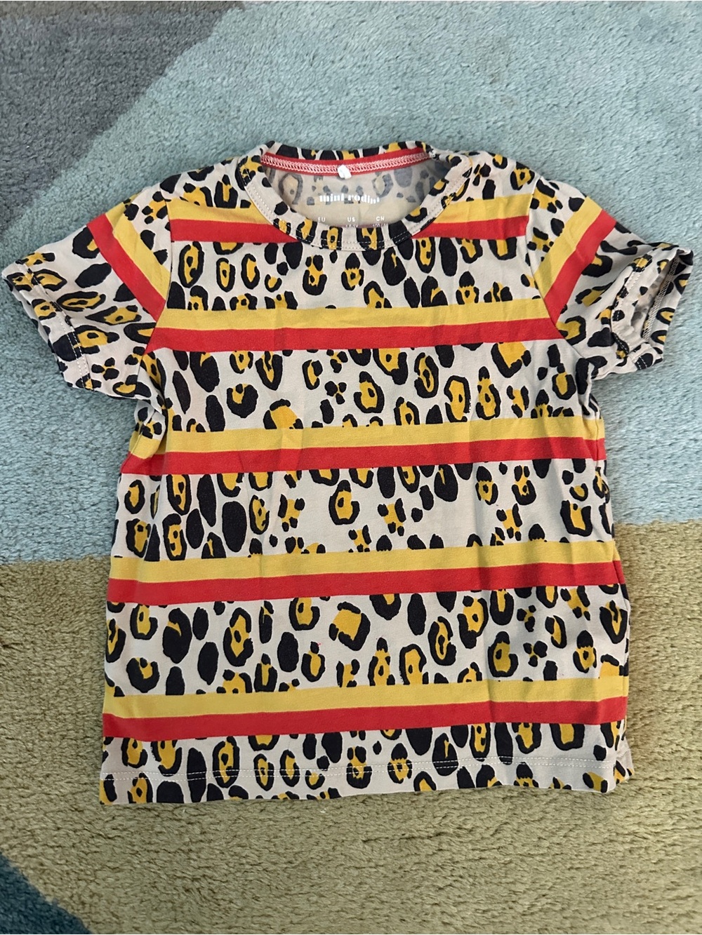 Mini Rodini Kids Short Sleeve Leopard Stripe Tee - Yellow & Red